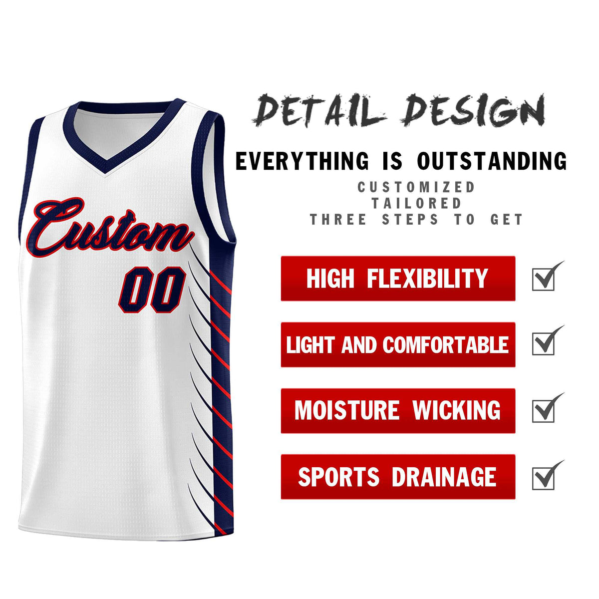 Custom White Navy Personalized Side Symmetrical Line Pattern Sports Uniform Basketball Jersey