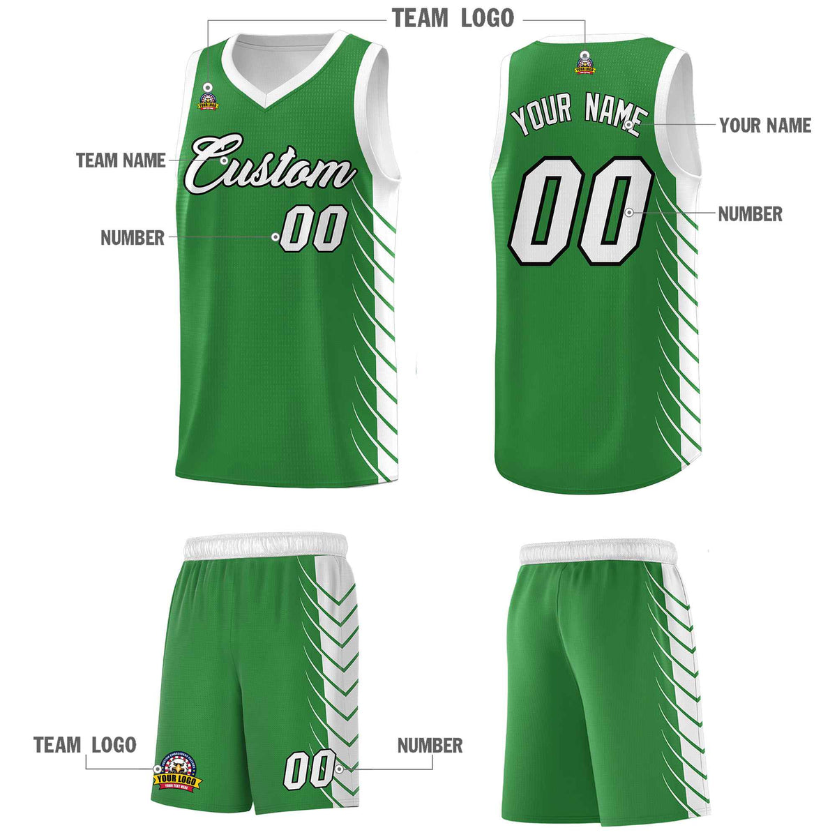 Custom Kelly Green White Personalized Side Symmetrical Line Pattern Sports Uniform Basketball Jersey