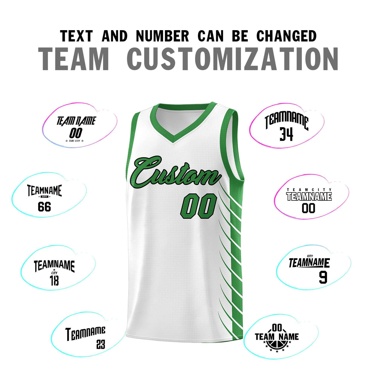 Custom White Kelly Green Personalized Side Symmetrical Line Pattern Sports Uniform Basketball Jersey