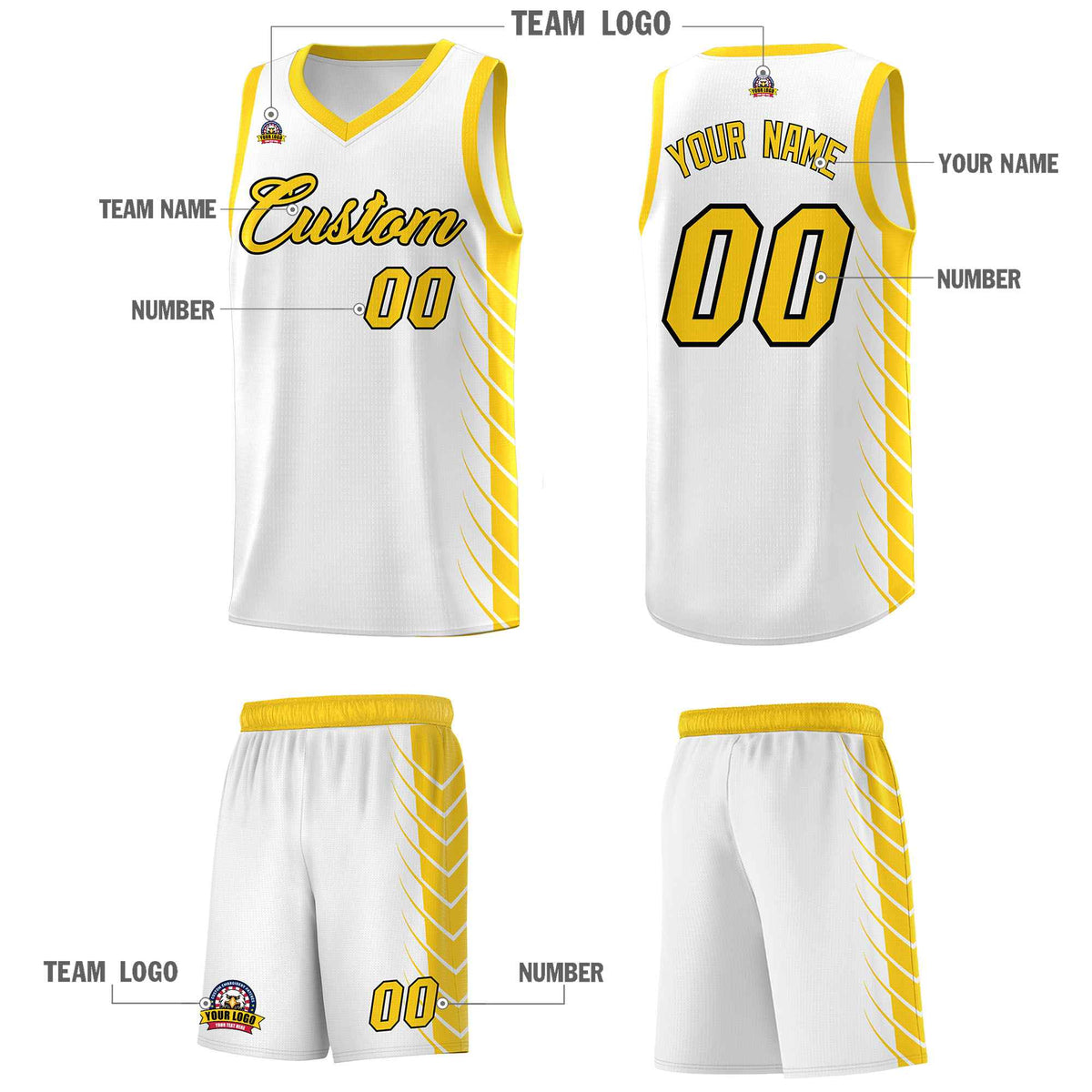 Custom White Gold Personalized Side Symmetrical Line Pattern Sports Uniform Basketball Jersey
