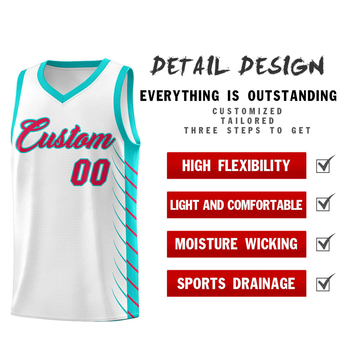 Custom White Aqua Personalized Side Symmetrical Line Pattern Sports Uniform Basketball Jersey