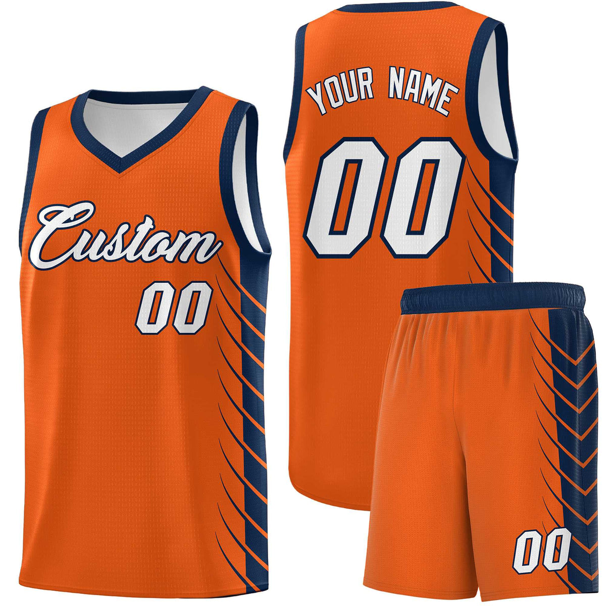 Custom Orange Navy Personalized Side Symmetrical Line Pattern Sports Uniform Basketball Jersey