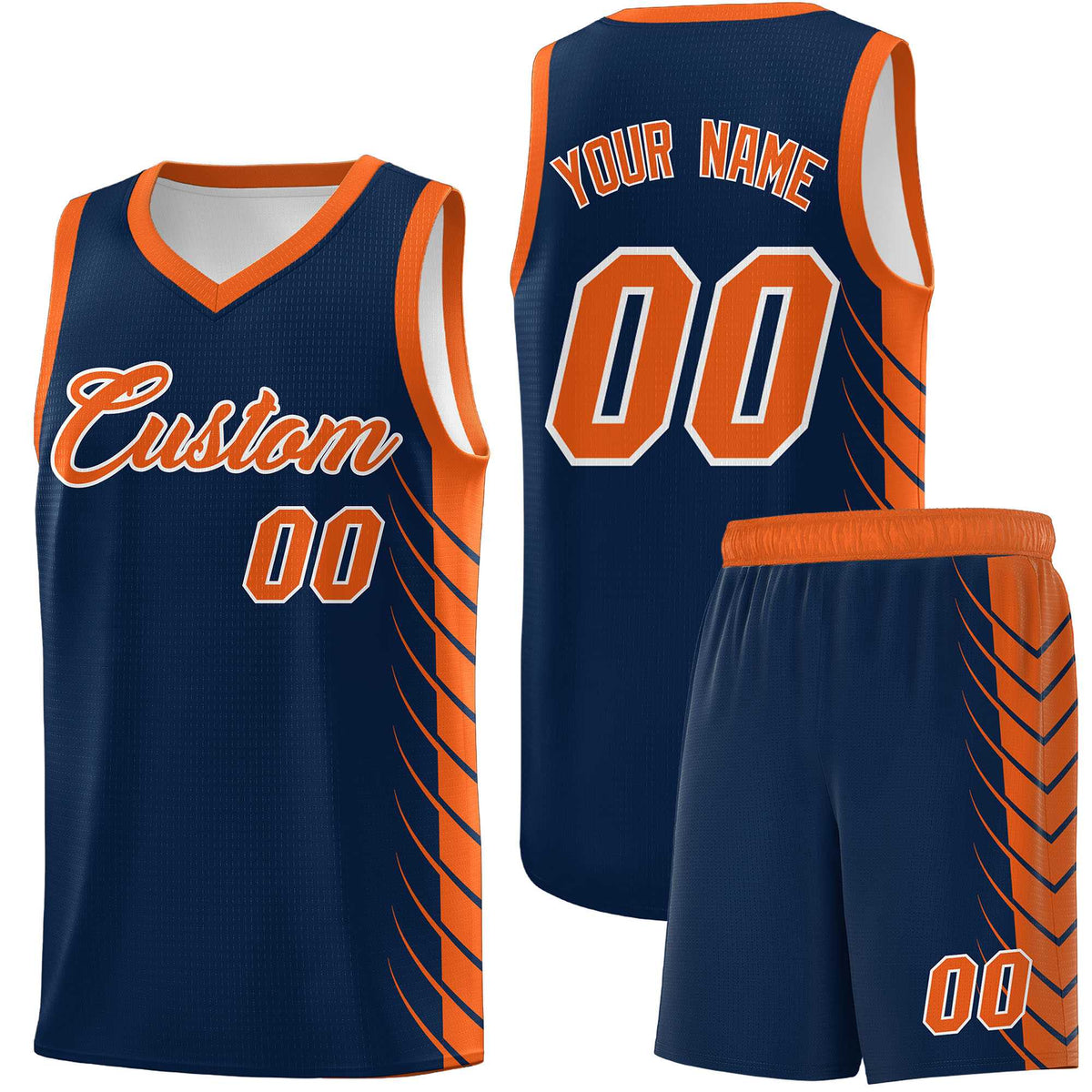 Custom Navy Orange Personalized Side Symmetrical Line Pattern Sports Uniform Basketball Jersey