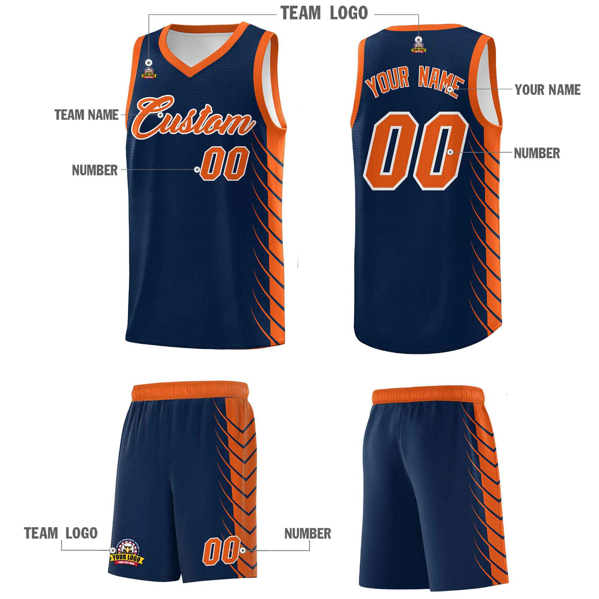 Custom Navy Orange Personalized Side Symmetrical Line Pattern Sports Uniform Basketball Jersey