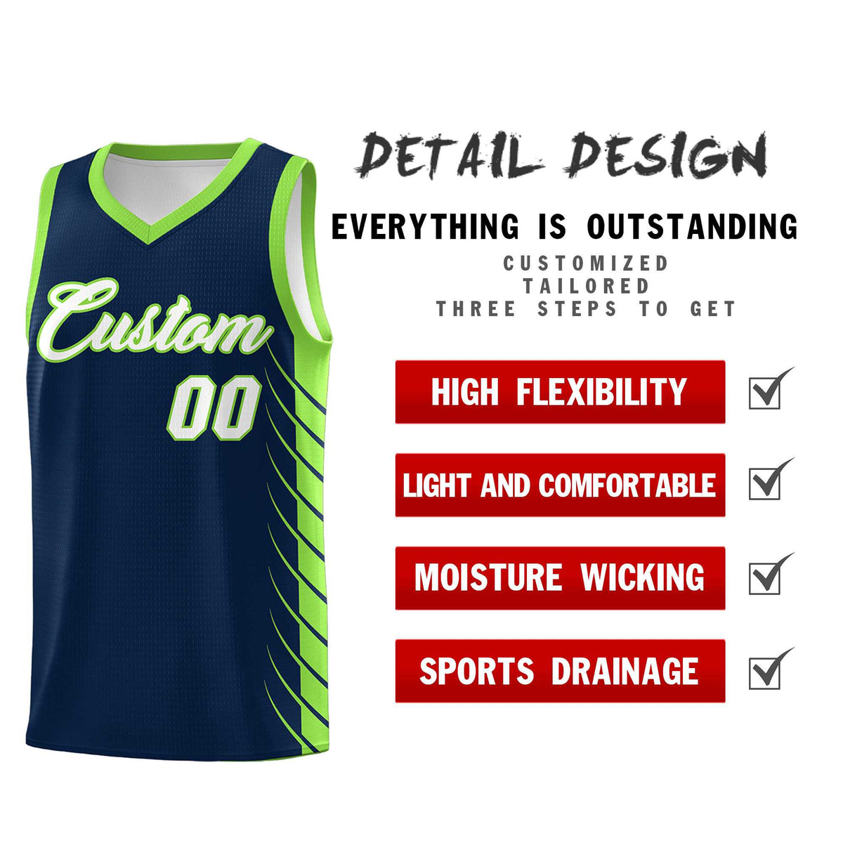 Custom Navy Fluorescent Green Personalized Side Symmetrical Line Pattern Sports Uniform Basketball Jersey