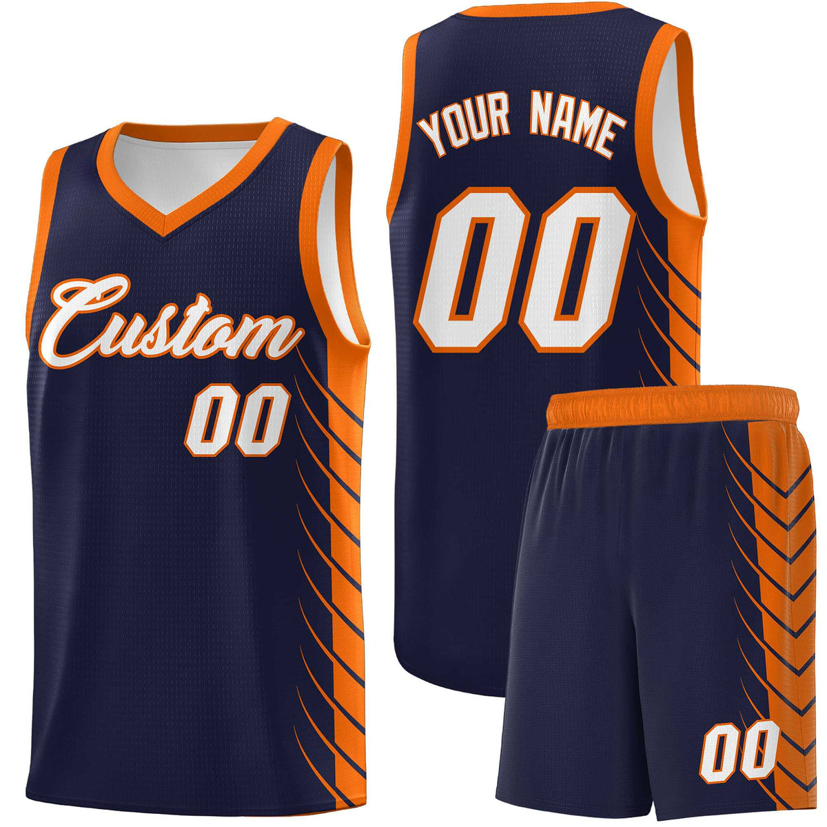 Custom Navy Orange Personalized Side Symmetrical Line Pattern Sports Uniform Basketball Jersey