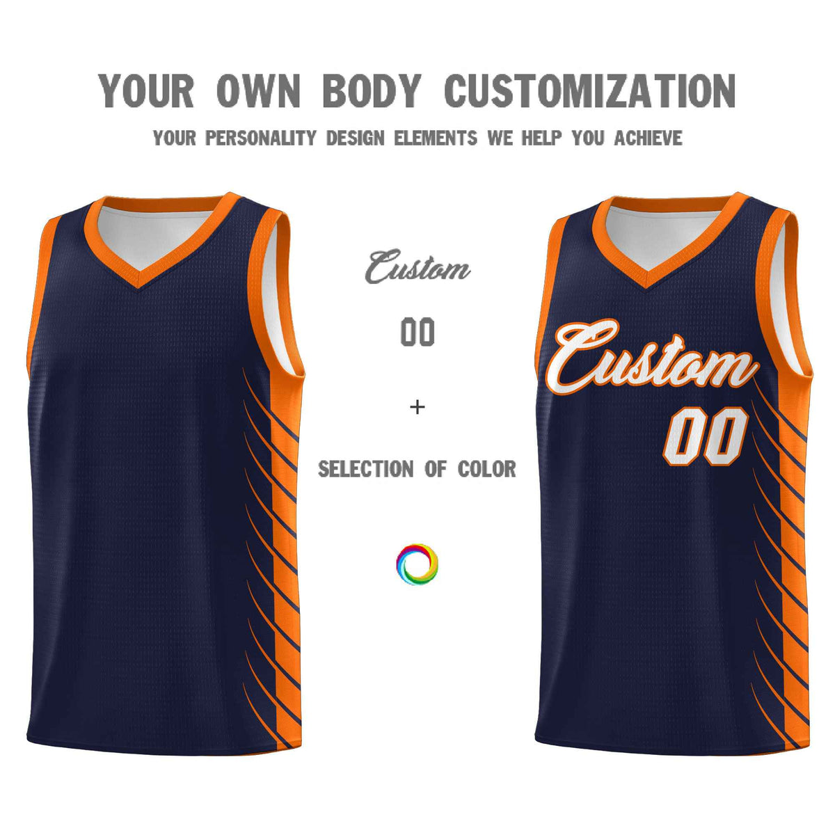 Custom Navy Orange Personalized Side Symmetrical Line Pattern Sports Uniform Basketball Jersey
