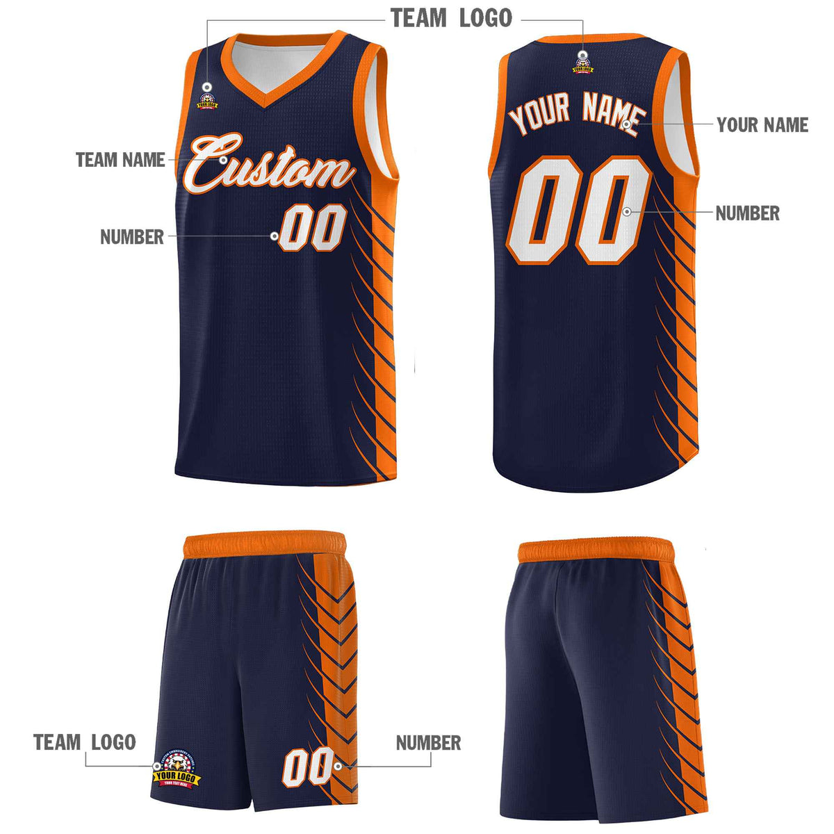 Custom Navy Orange Personalized Side Symmetrical Line Pattern Sports Uniform Basketball Jersey