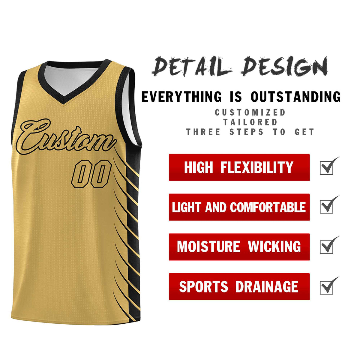 Custom Old Gold Black Personalized Side Symmetrical Line Pattern Sports Uniform Basketball Jersey