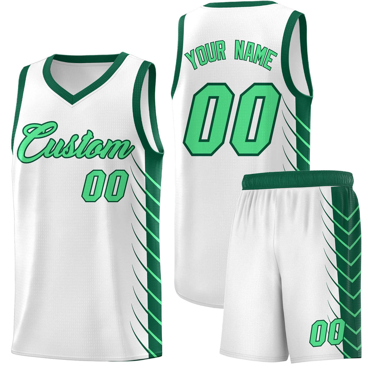 Custom White Kelly Green Personalized Side Symmetrical Line Pattern Sports Uniform Basketball Jersey