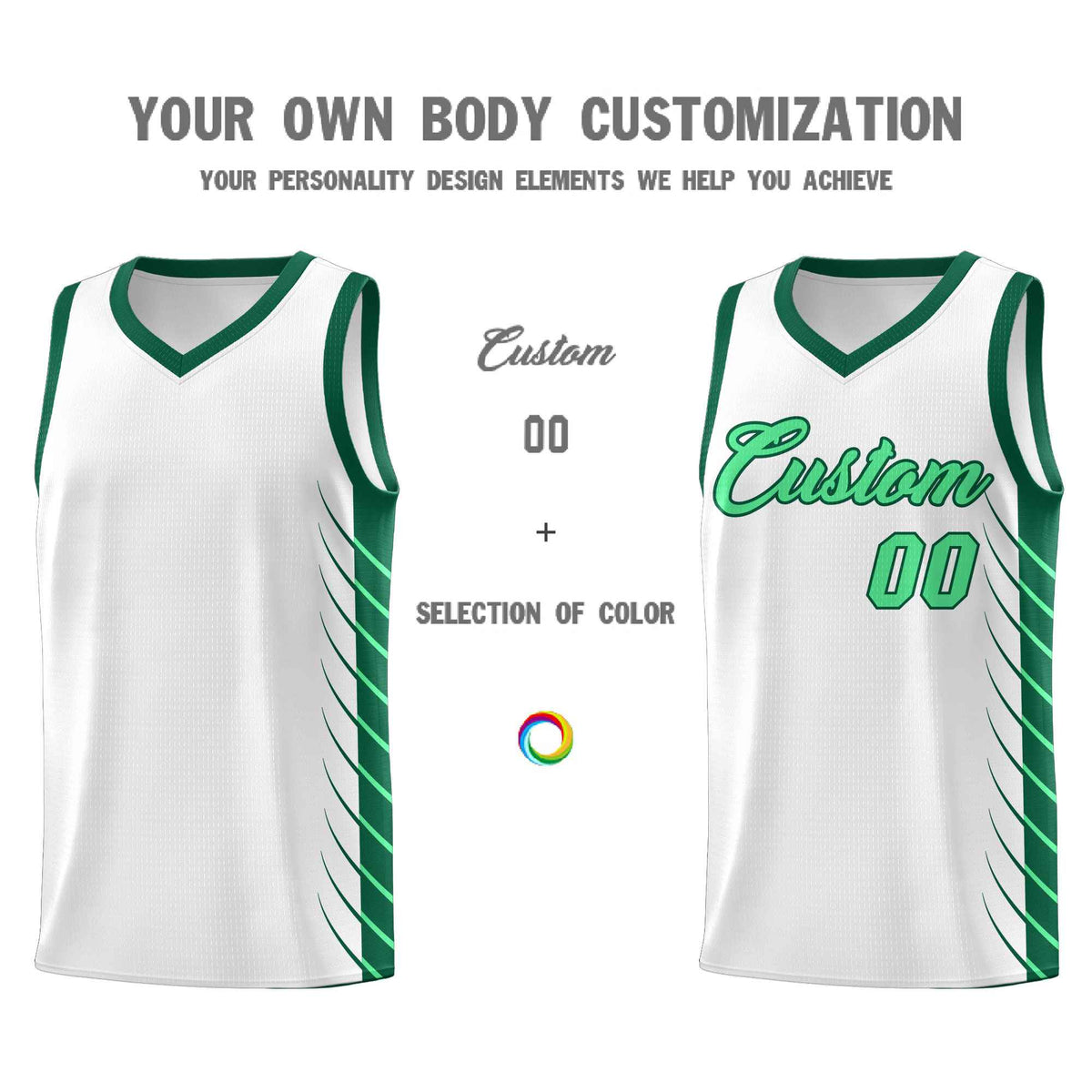 Custom White Kelly Green Personalized Side Symmetrical Line Pattern Sports Uniform Basketball Jersey