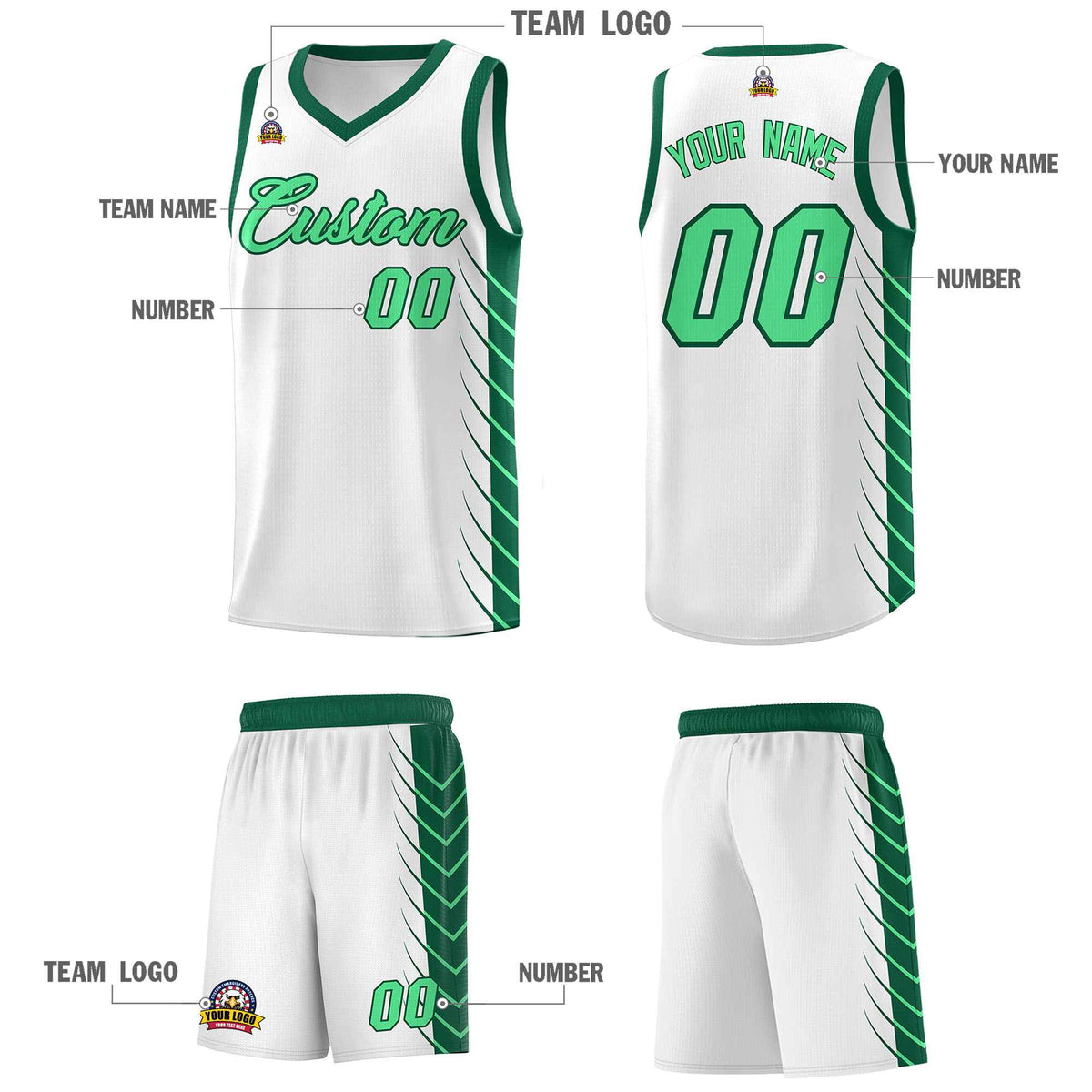 Custom White Kelly Green Personalized Side Symmetrical Line Pattern Sports Uniform Basketball Jersey