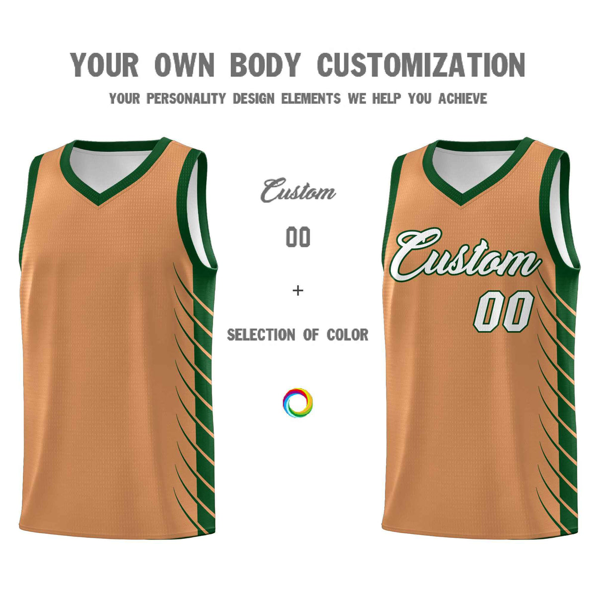Custom Buckskin Brown Green Personalized Side Symmetrical Line Pattern Sports Uniform Basketball Jersey