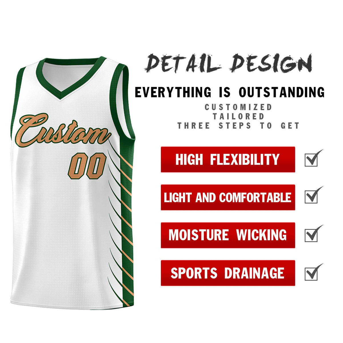 Custom White Green Personalized Side Symmetrical Line Pattern Sports Uniform Basketball Jersey
