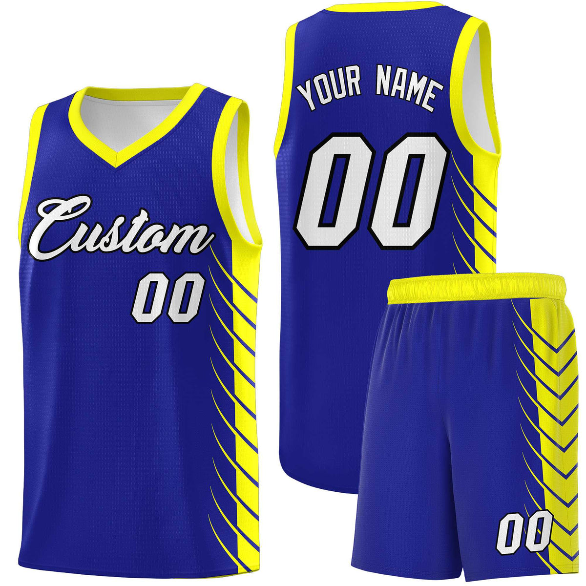 Custom Royal Fluorescent Yellow Personalized Side Symmetrical Line Pattern Sports Uniform Basketball Jersey