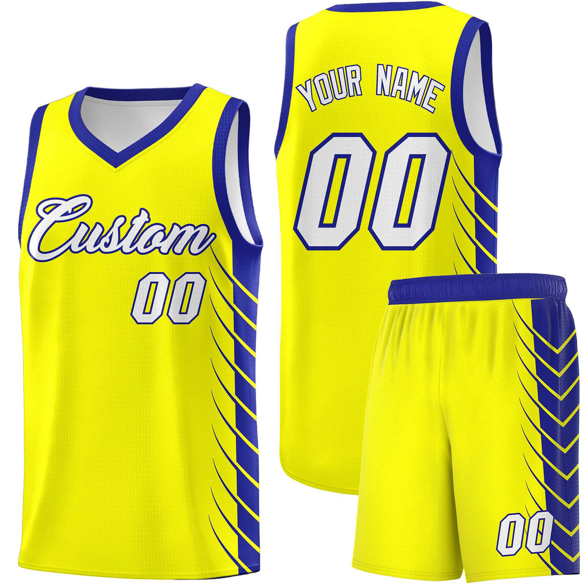 Custom Fluorescent Yellow Royal Personalized Side Symmetrical Line Pattern Sports Uniform Basketball Jersey