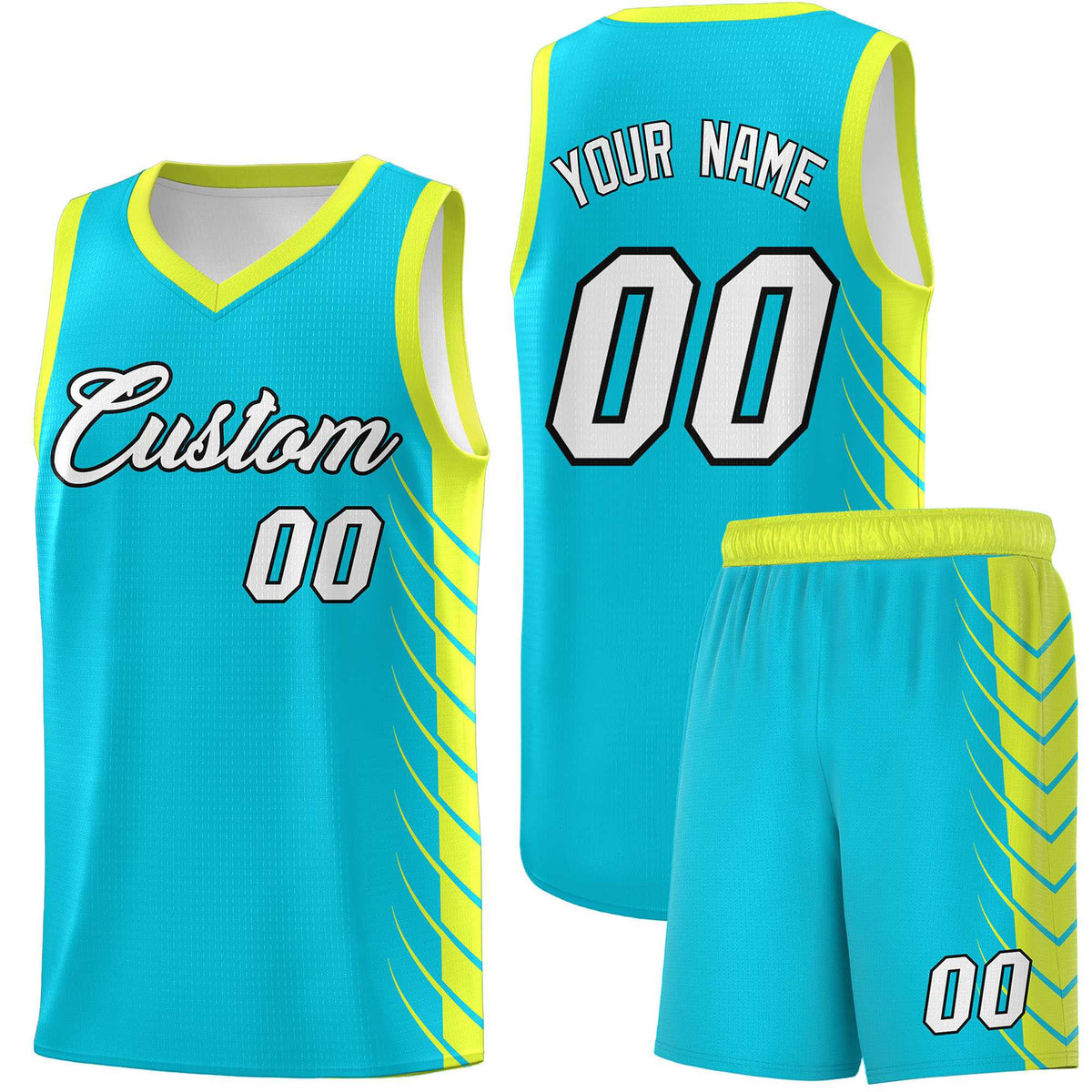 Custom Sky Blue Fluorescent Green Personalized Side Symmetrical Line Pattern Sports Uniform Basketball Jersey