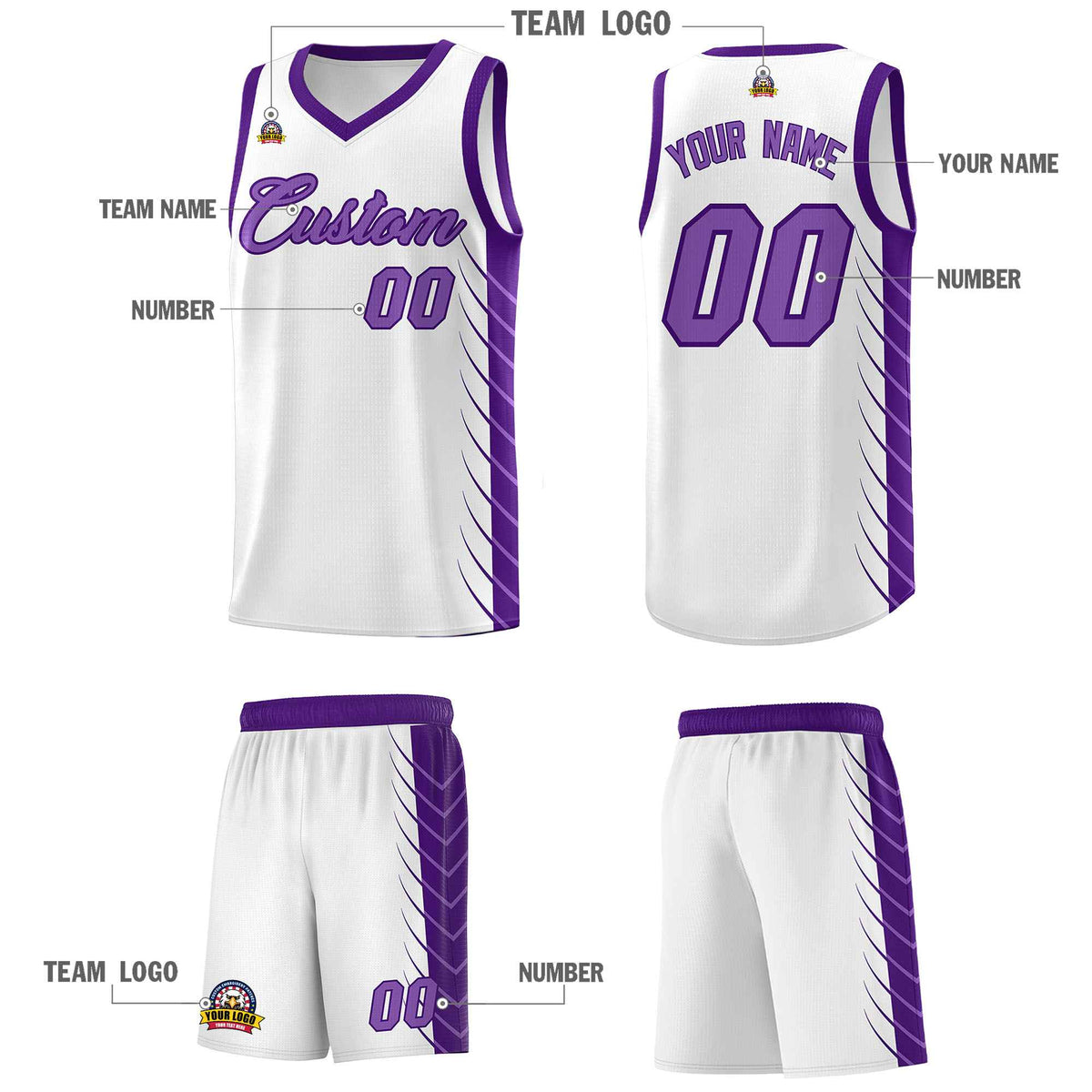 Custom White Purple Personalized Side Symmetrical Line Pattern Sports Uniform Basketball Jersey