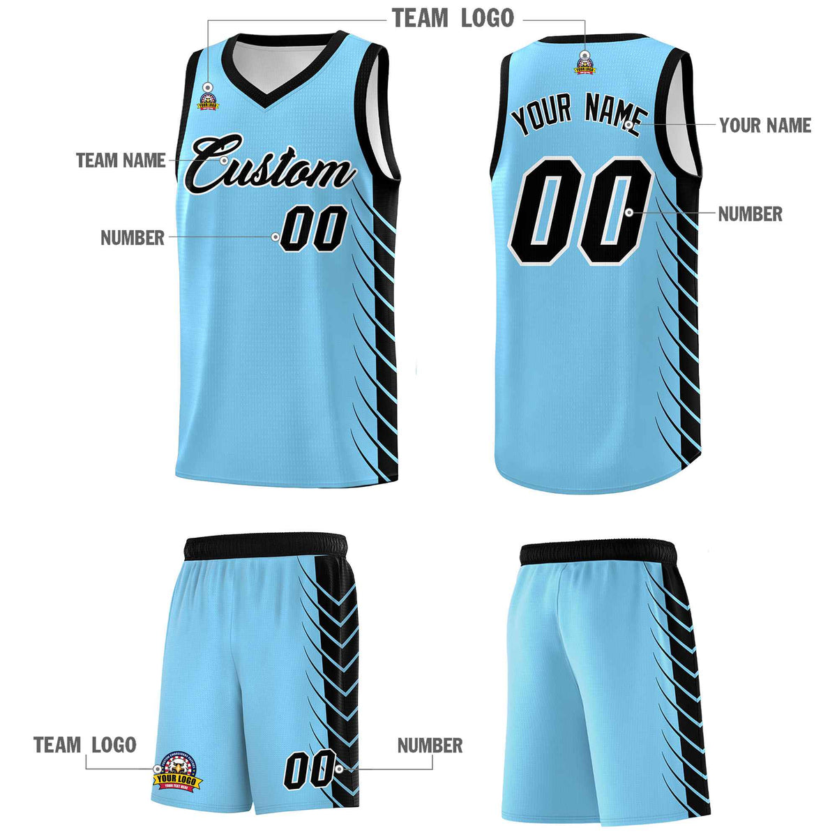 Custom Light Blue Black Personalized Side Symmetrical Line Pattern Sports Uniform Basketball Jersey