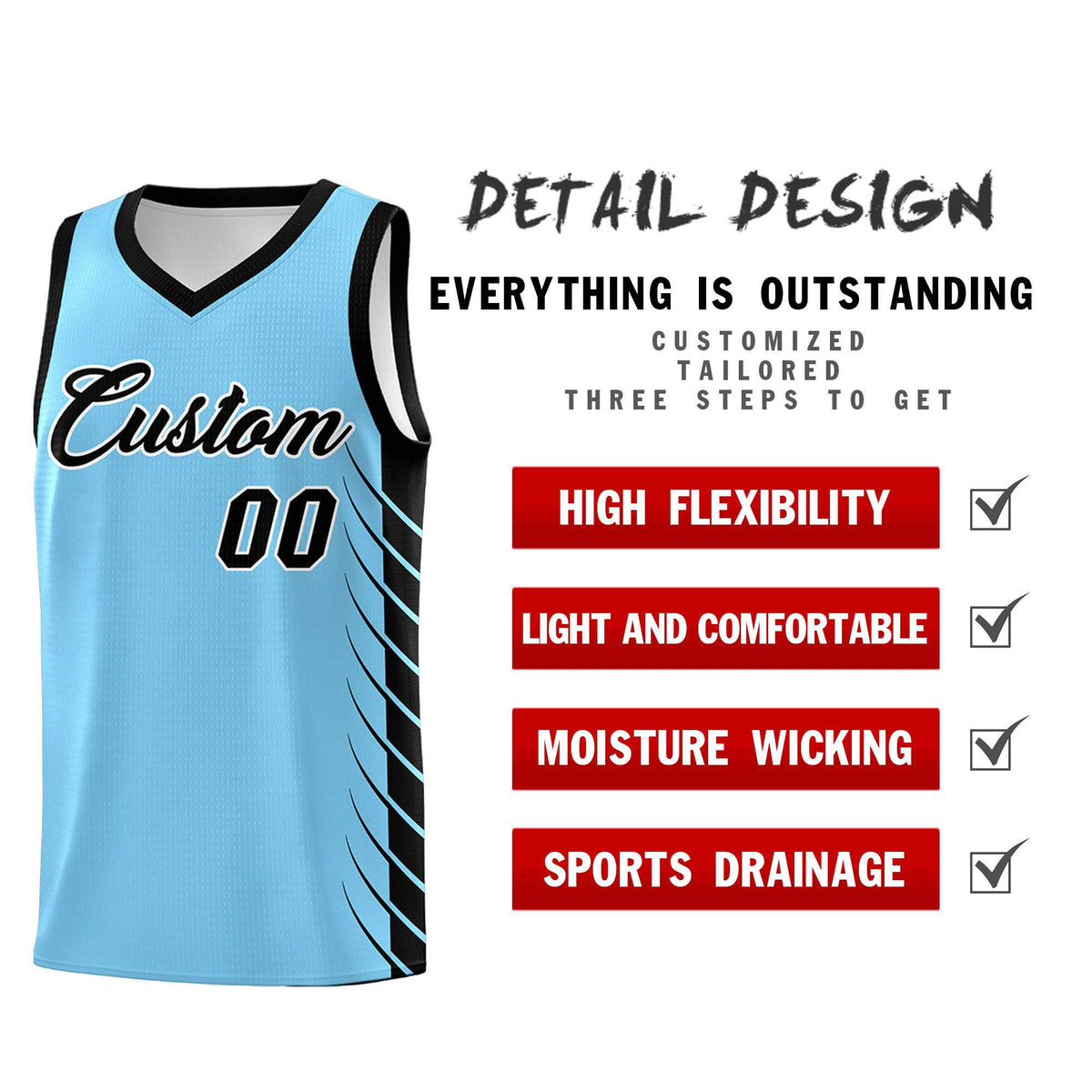 Custom Light Blue Black Personalized Side Symmetrical Line Pattern Sports Uniform Basketball Jersey