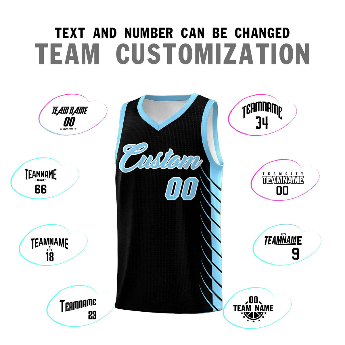 Custom Black Light Blue Personalized Side Symmetrical Line Pattern Sports Uniform Basketball Jersey
