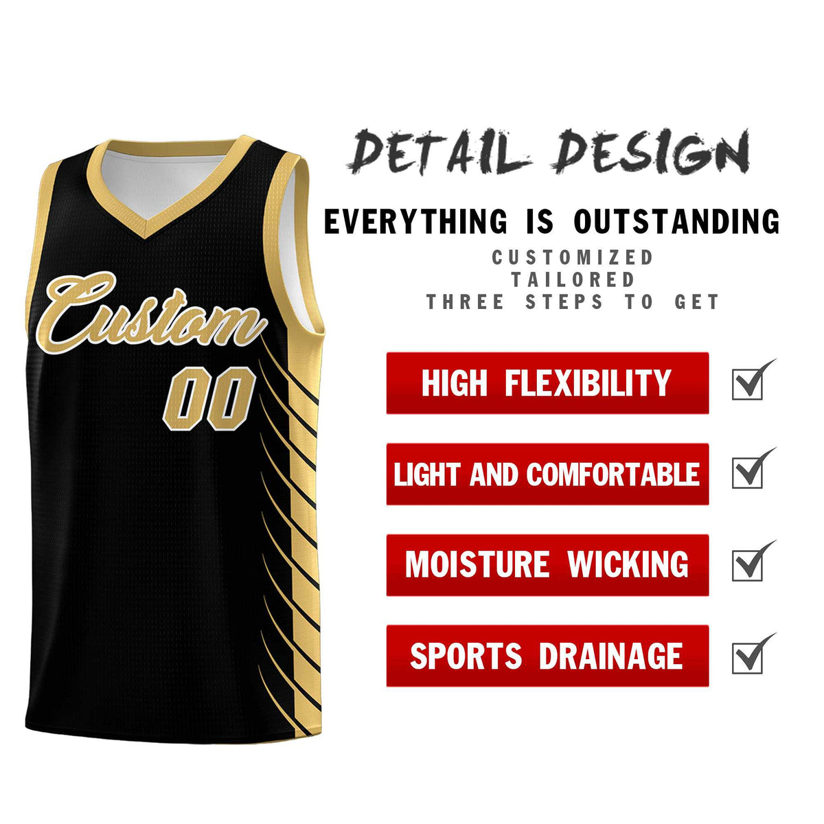 Custom Black Old Gold Personalized Side Symmetrical Line Pattern Sports Uniform Basketball Jersey