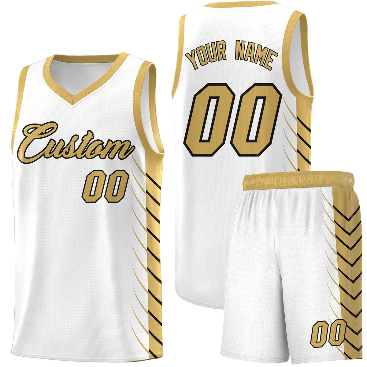 Custom White Old Gold Personalized Side Symmetrical Line Pattern Sports Uniform Basketball Jersey