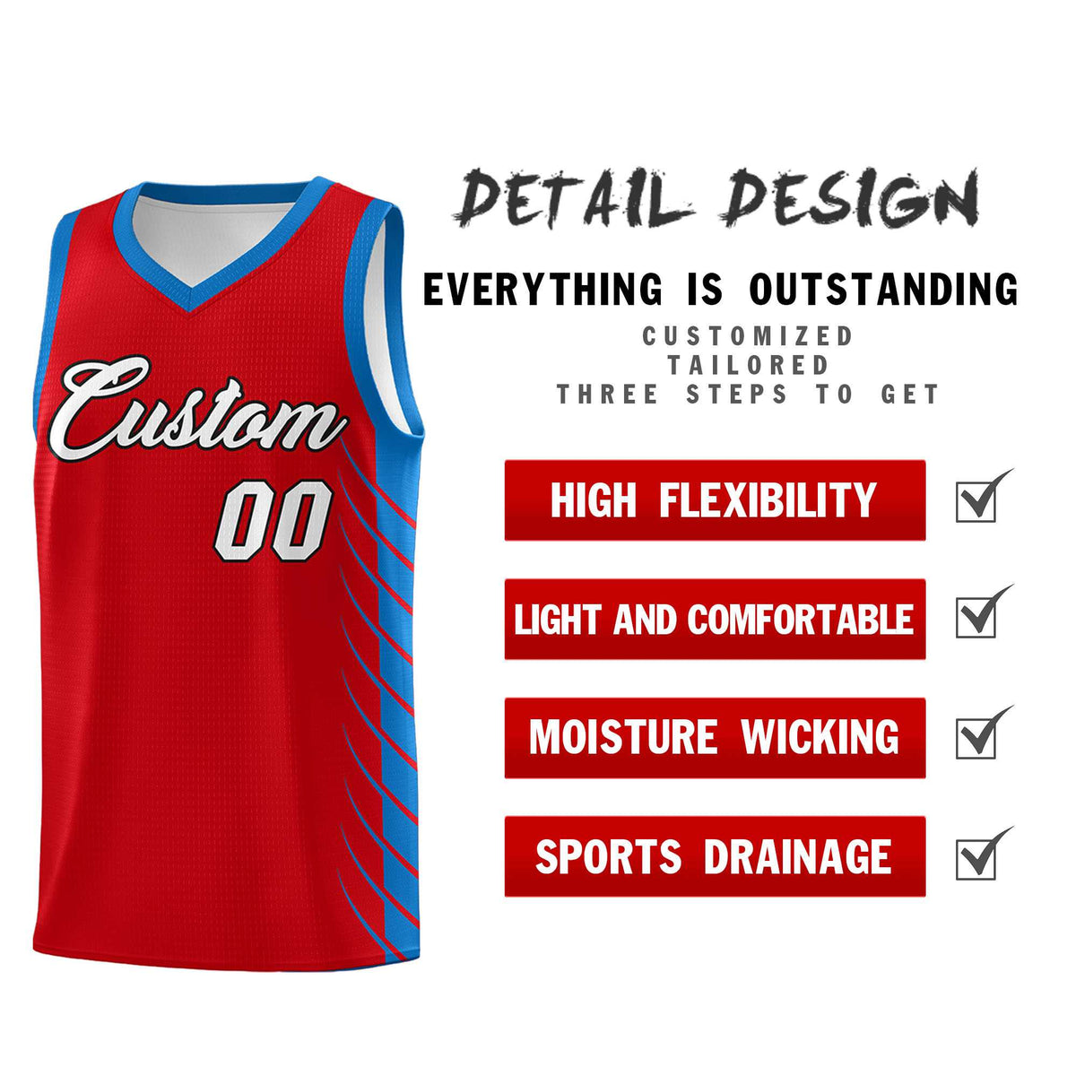 Custom Red Royal Personalized Side Symmetrical Line Pattern Sports Uniform Basketball Jersey