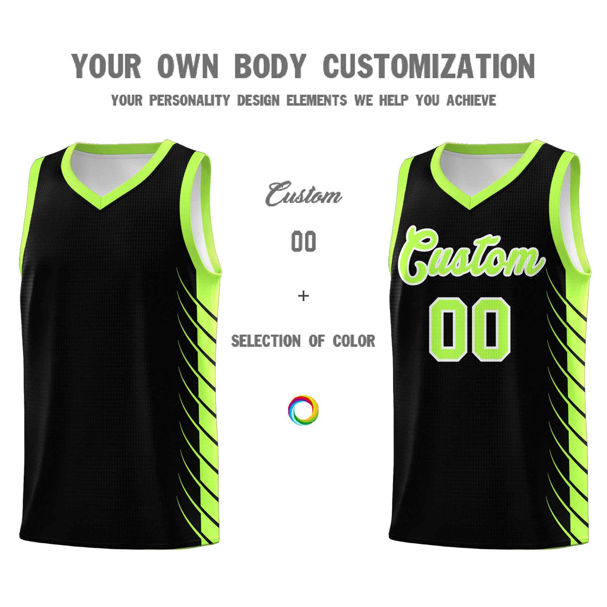 Custom Black Fluorescent Green Personalized Side Symmetrical Line Pattern Sports Uniform Basketball Jersey| KXKSHOP