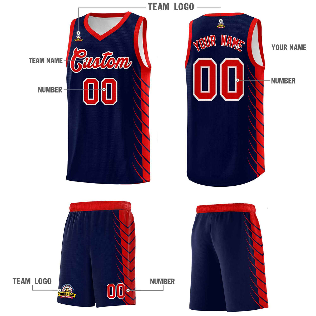 Custom Navy Red Personalized Side Symmetrical Line Pattern Sports Uniform Basketball Jersey