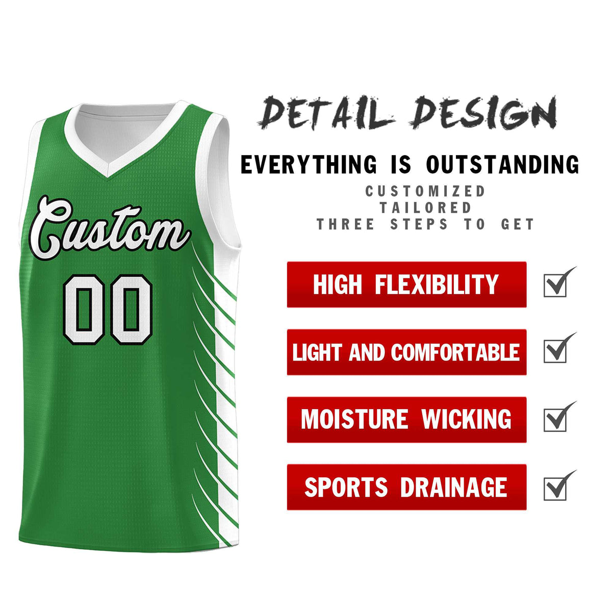 Custom Kelly Green White Personalized Side Symmetrical Line Pattern Sports Uniform Basketball Jersey| KXKSHOP