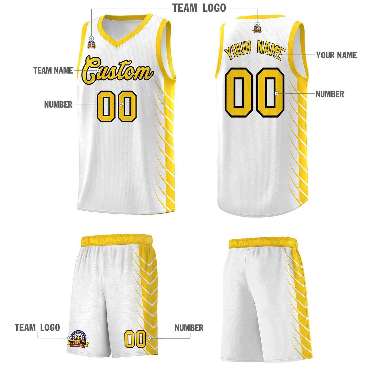 Custom White Gold Personalized Side Symmetrical Line Pattern Sports Uniform Basketball Jersey