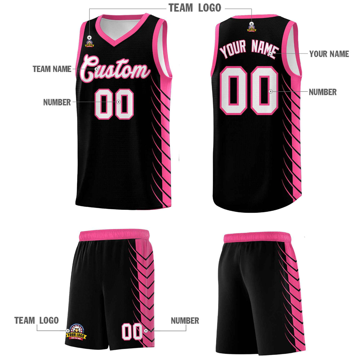 Custom Black Pink Personalized Side Symmetrical Line Pattern Sports Uniform Basketball Jersey