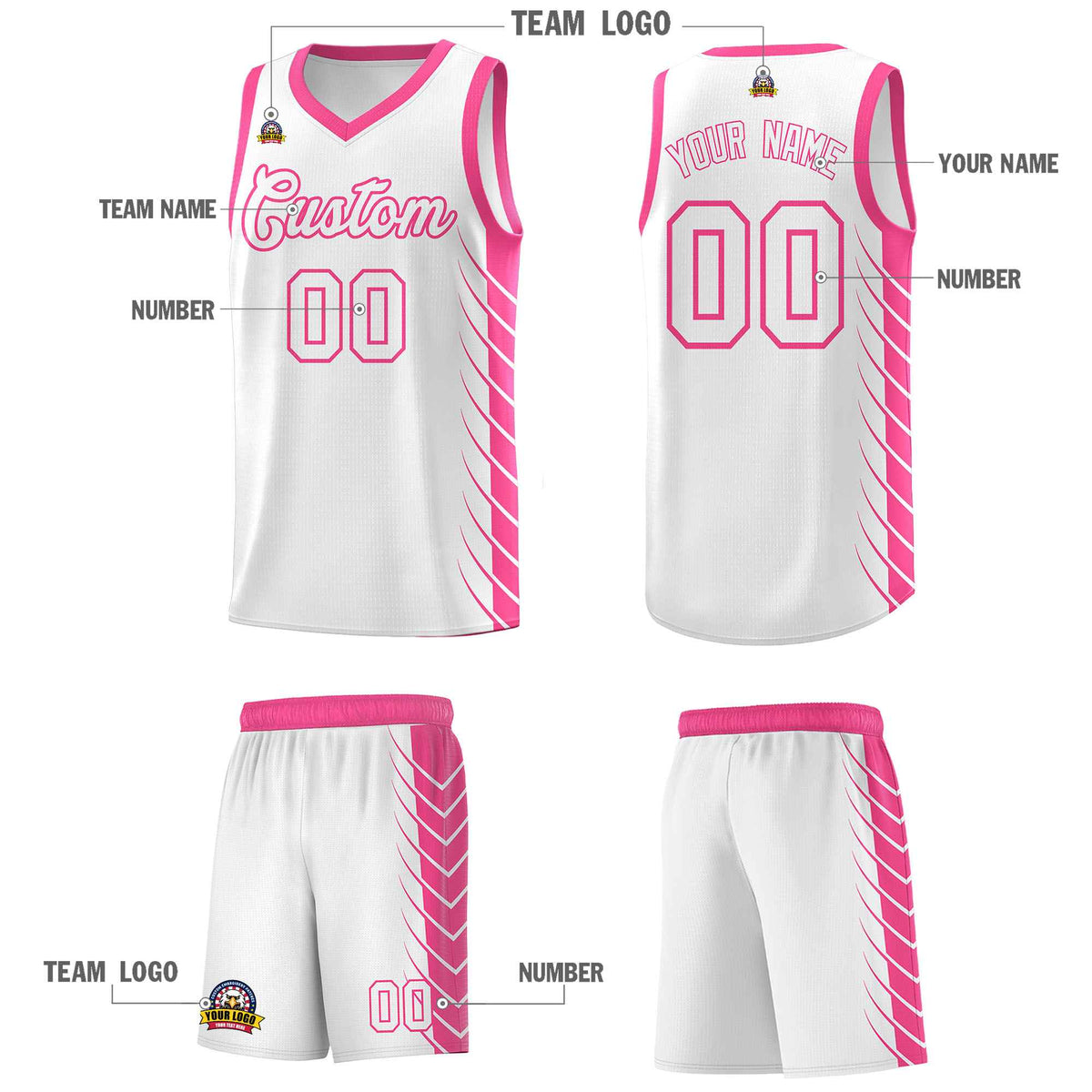 Custom White Pink Personalized Side Symmetrical Line Pattern Sports Uniform Basketball Jersey