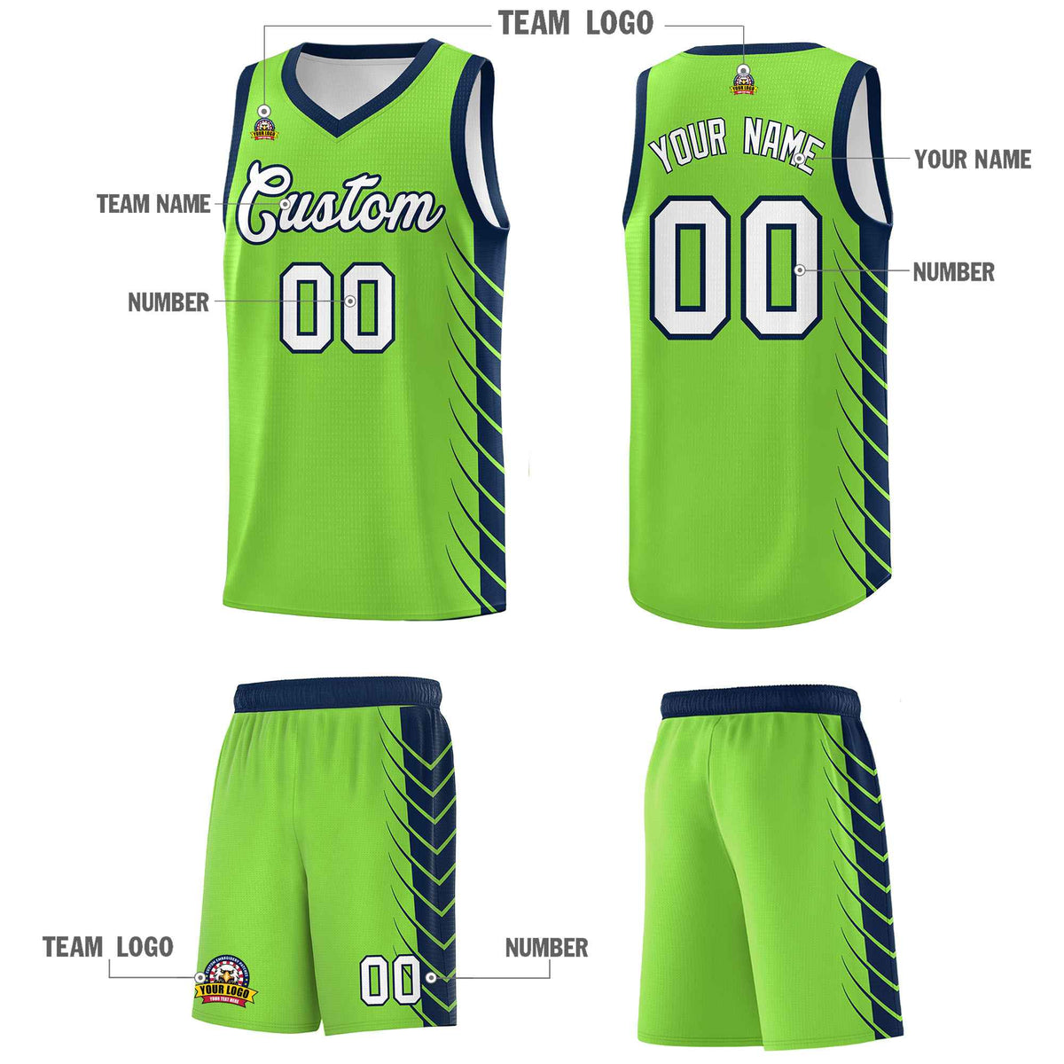 Custom Fluorescent Green Navy Personalized Side Symmetrical Line Pattern Sports Uniform Basketball Jersey