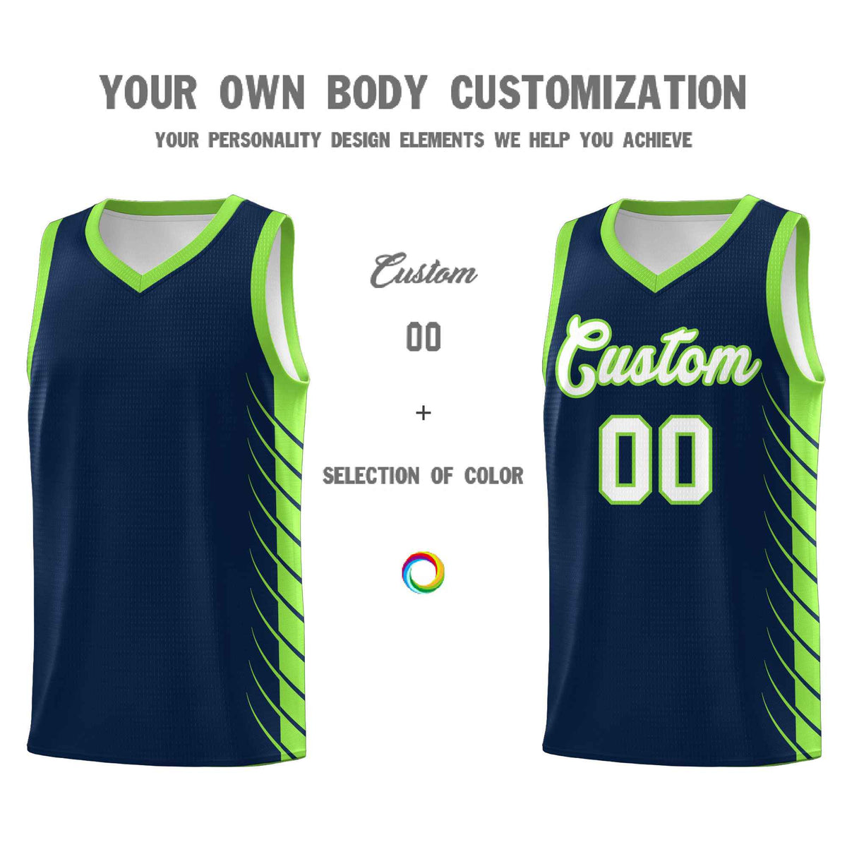 Custom Navy Fluorescent Green Personalized Side Symmetrical Line Pattern Sports Uniform Basketball Jersey| KXKSHOP