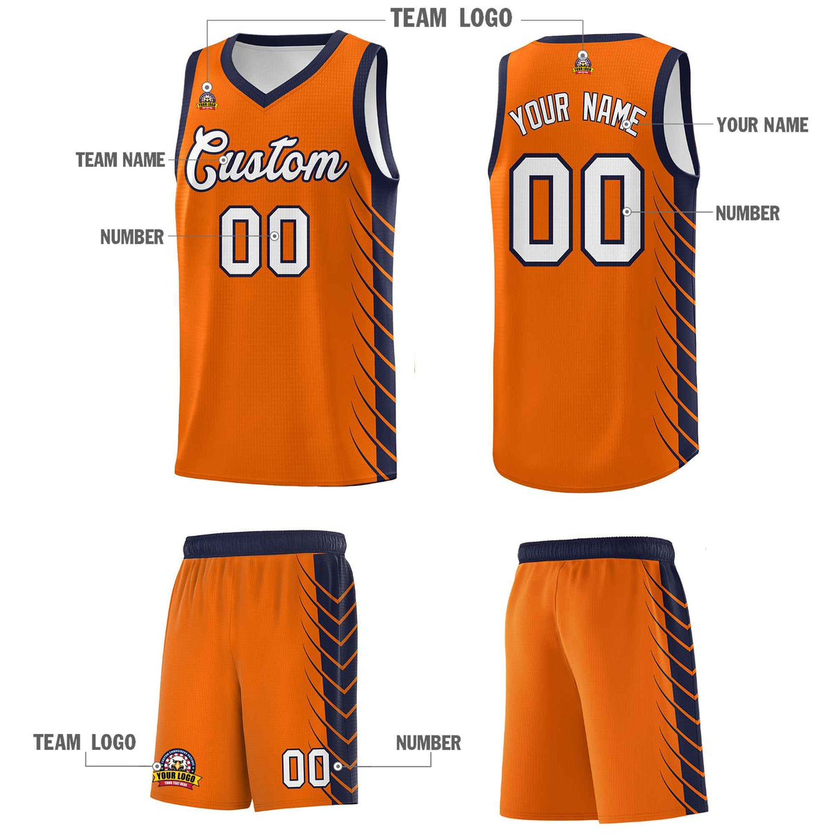 Custom Orange Navy Personalized Side Symmetrical Line Pattern Sports Uniform Basketball Jersey