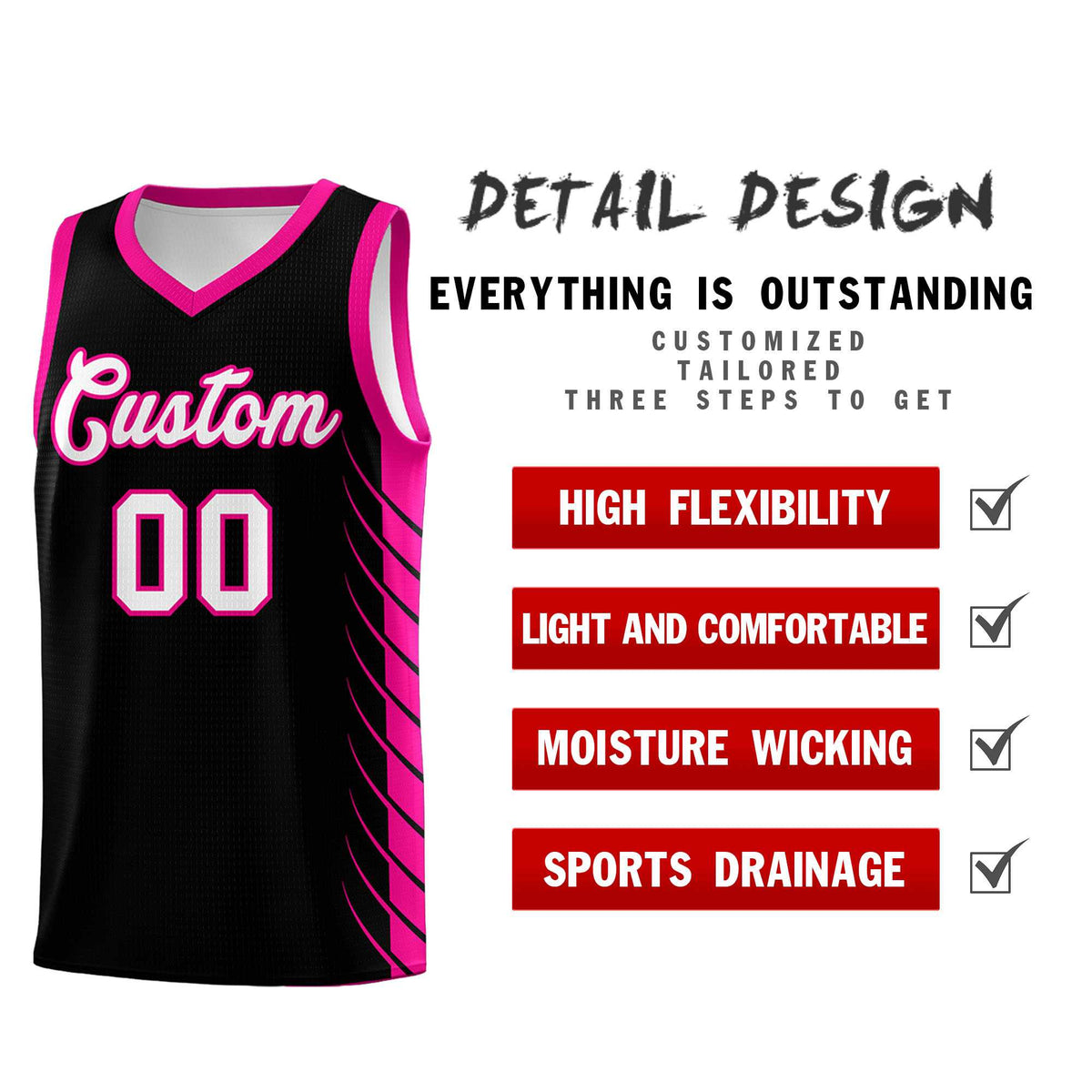 Custom Black Pink Personalized Side Symmetrical Line Pattern Sports Uniform Basketball Jersey| KXKSHOP