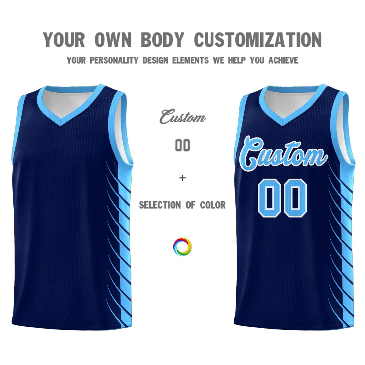 Custom Navy Powder Blue Personalized Side Symmetrical Line Pattern Sports Uniform Basketball Jersey| KXKSHOP