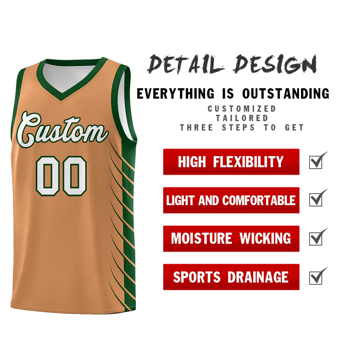 Custom Buckskin Brown Green Personalized Side Symmetrical Line Pattern Sports Uniform Basketball Jersey| KXKSHOP
