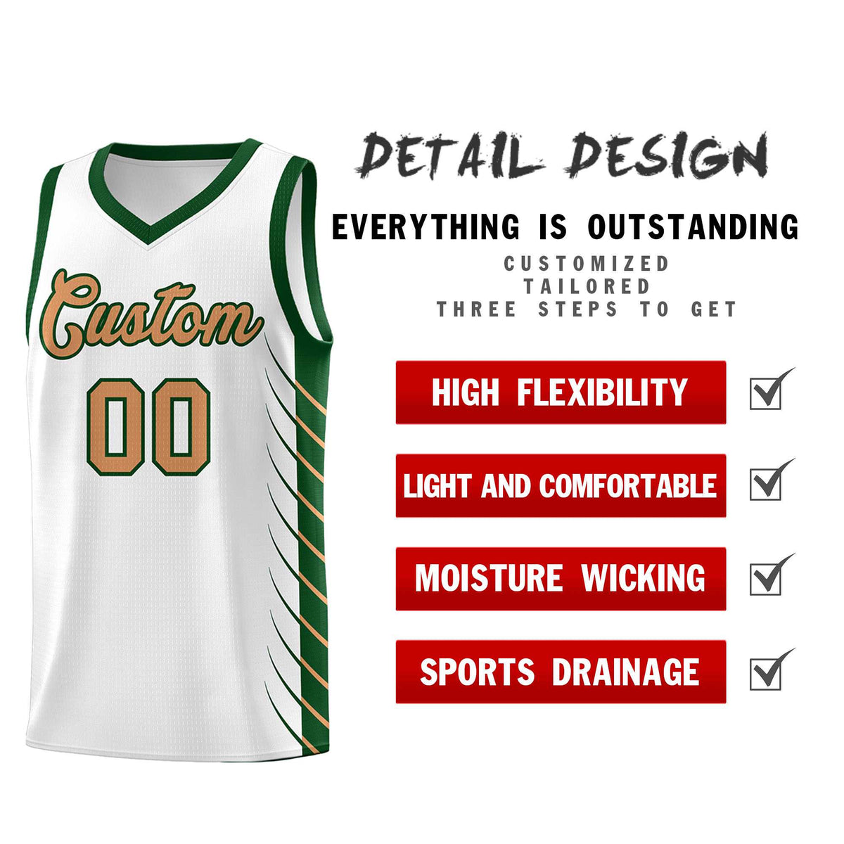 Custom White Green Personalized Side Symmetrical Line Pattern Sports Uniform Basketball Jersey| KXKSHOP