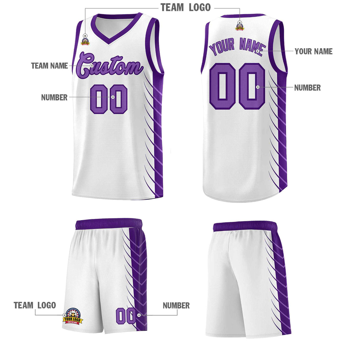 Custom White Purple Personalized Side Symmetrical Line Pattern Sports Uniform Basketball Jersey