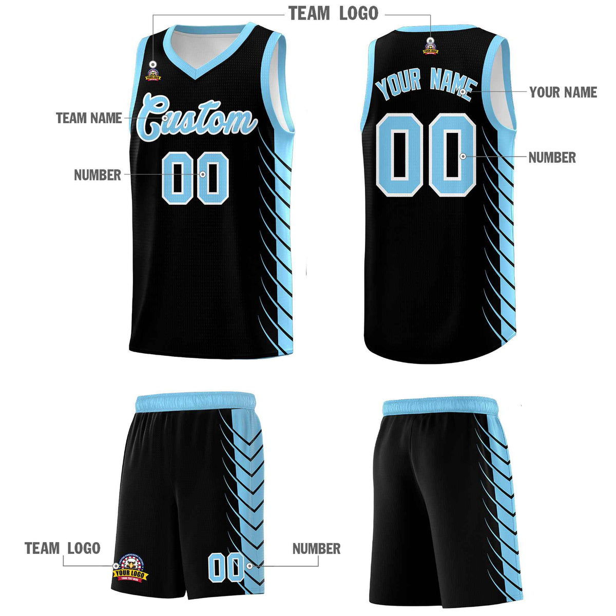 Custom Black Light Blue Personalized Side Symmetrical Line Pattern Sports Uniform Basketball Jersey