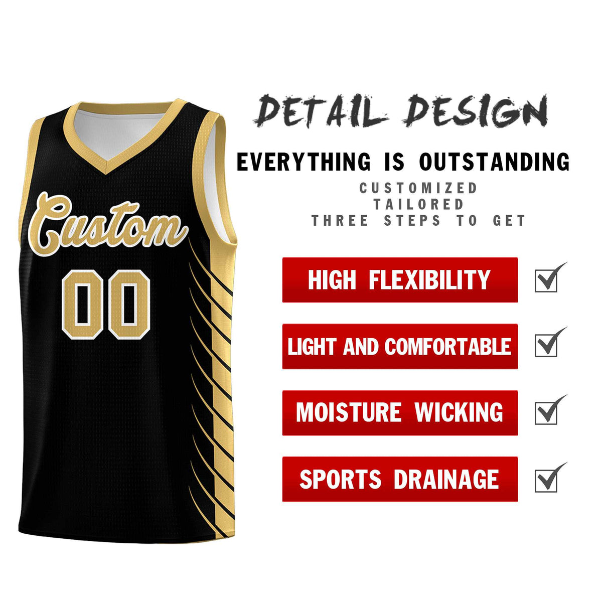 Custom Black Old Gold Personalized Side Symmetrical Line Pattern Sports Uniform Basketball Jersey| KXKSHOP