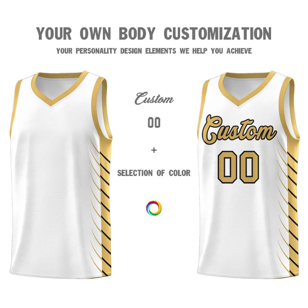 Custom White Old Gold Personalized Side Symmetrical Line Pattern Sports Uniform Basketball Jersey| KXKSHOP