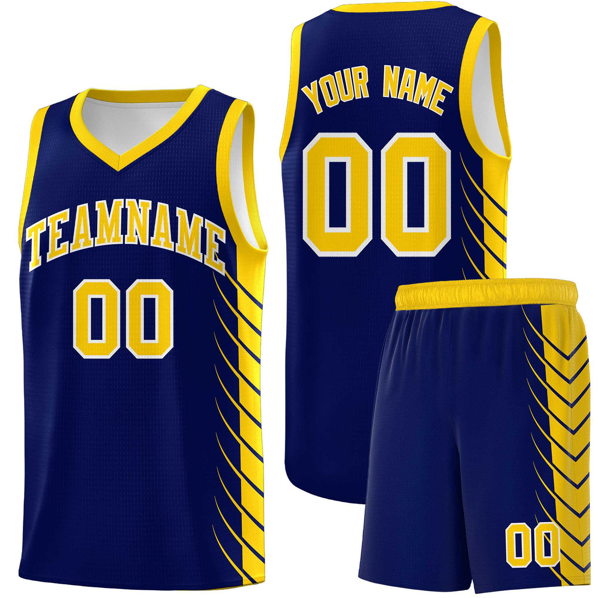 Custom Navy Gold Personalized Side Symmetrical Line Pattern Sports Uniform Basketball Jersey