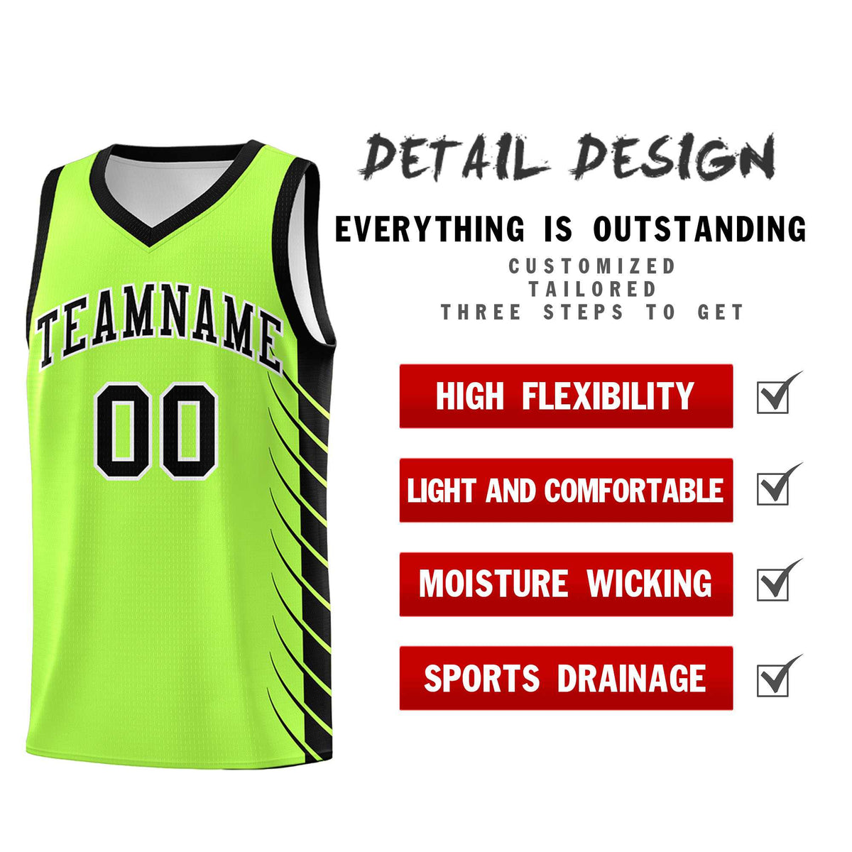 Custom Fluorescent Green Black Personalized Side Symmetrical Line Pattern Sports Uniform Basketball Jersey