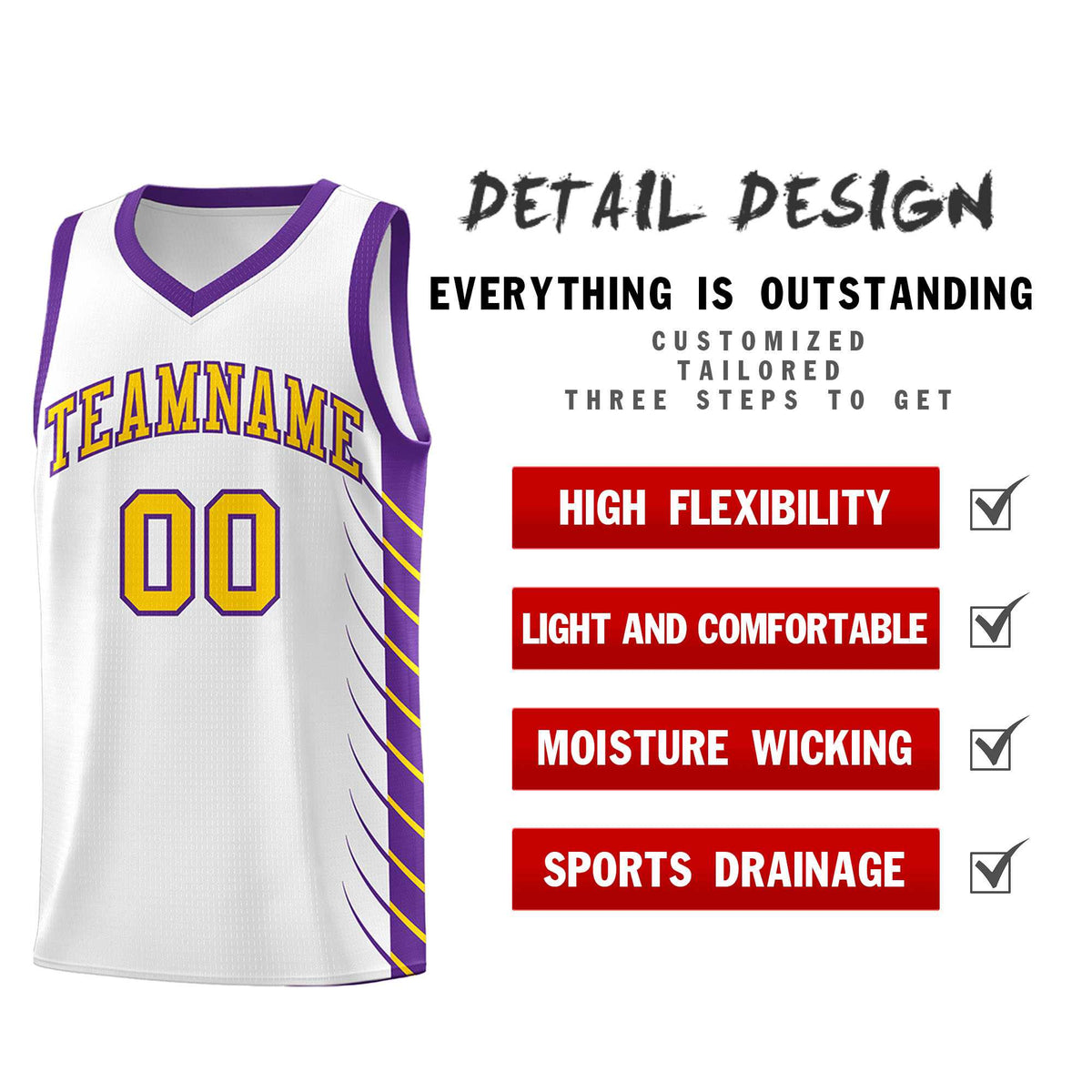 Custom White Purple Personalized Side Symmetrical Line Pattern Sports Uniform Basketball Jersey