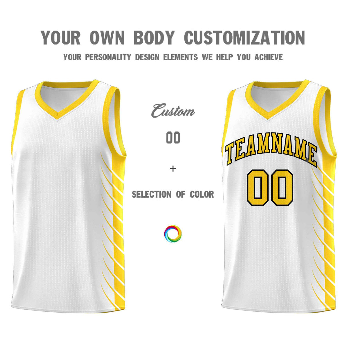 Custom White Gold Personalized Side Symmetrical Line Pattern Sports Uniform Basketball Jersey