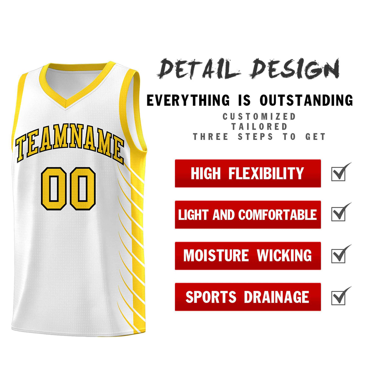 Custom White Gold Personalized Side Symmetrical Line Pattern Sports Uniform Basketball Jersey